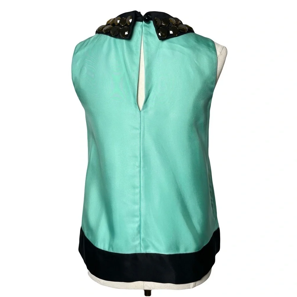 Kate Spade New York Sleeveless Embellished Collar Top Size 2 Aqua Black Trim